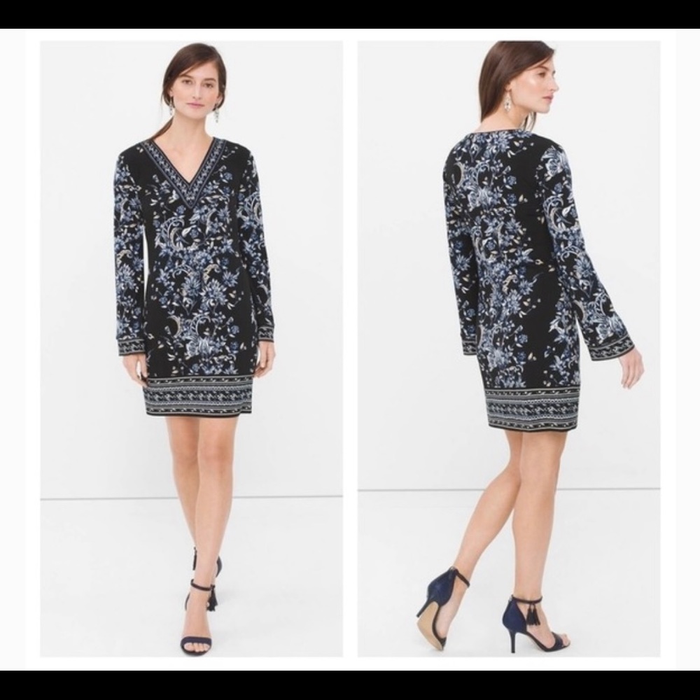 White House Black Market Embroidered V Neck Shift Dress Size XS (NWOT, Like New)